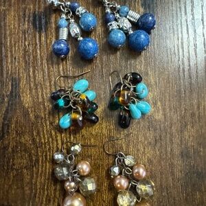 Lot of 3 Cluster Bead Dangle Drop Earrings Blue Gold Brown Champagne Silver Tone